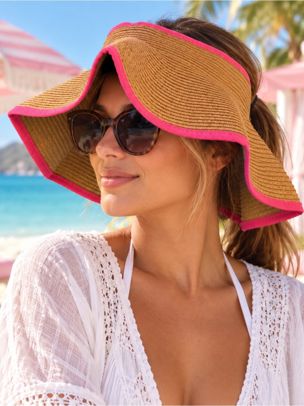 Packable Roll Up Paper Straw Sun Visor Tan Hot Pink Travel Beach Hat